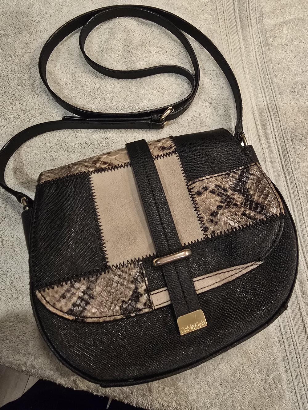 Vintage Calvin Klein Black Snakeskin Patchwork Saddle Crossbody Bag